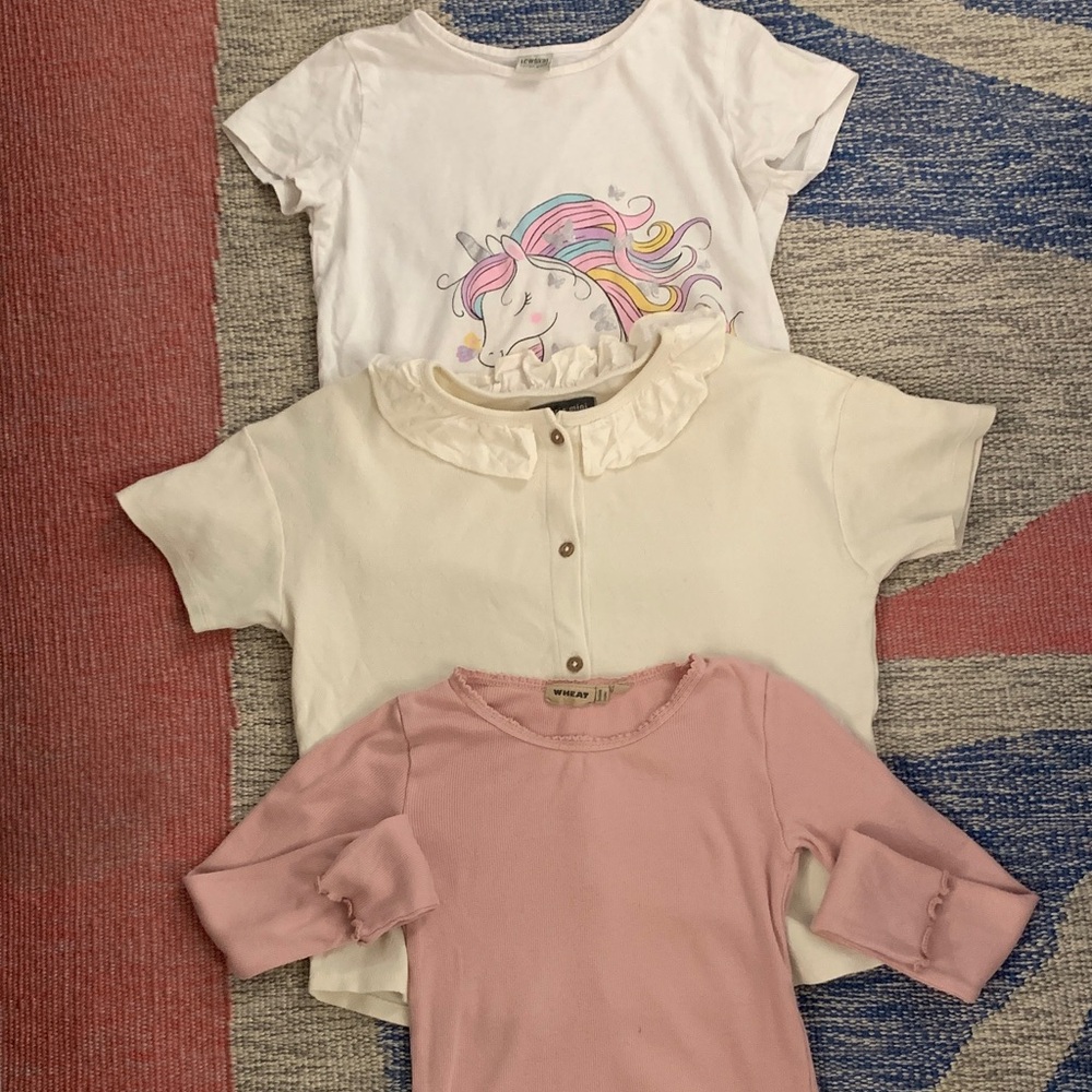 Girls' White Unicorn Tee, Cream Ruffle Cardigan & Pink Top - Kids Shirts & Tops